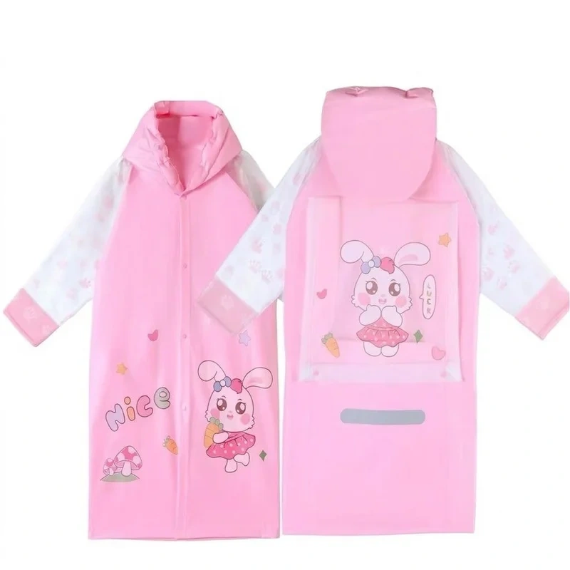 Cute Rabbit Pink Children's Hooded Raincoat with School Bag Cover