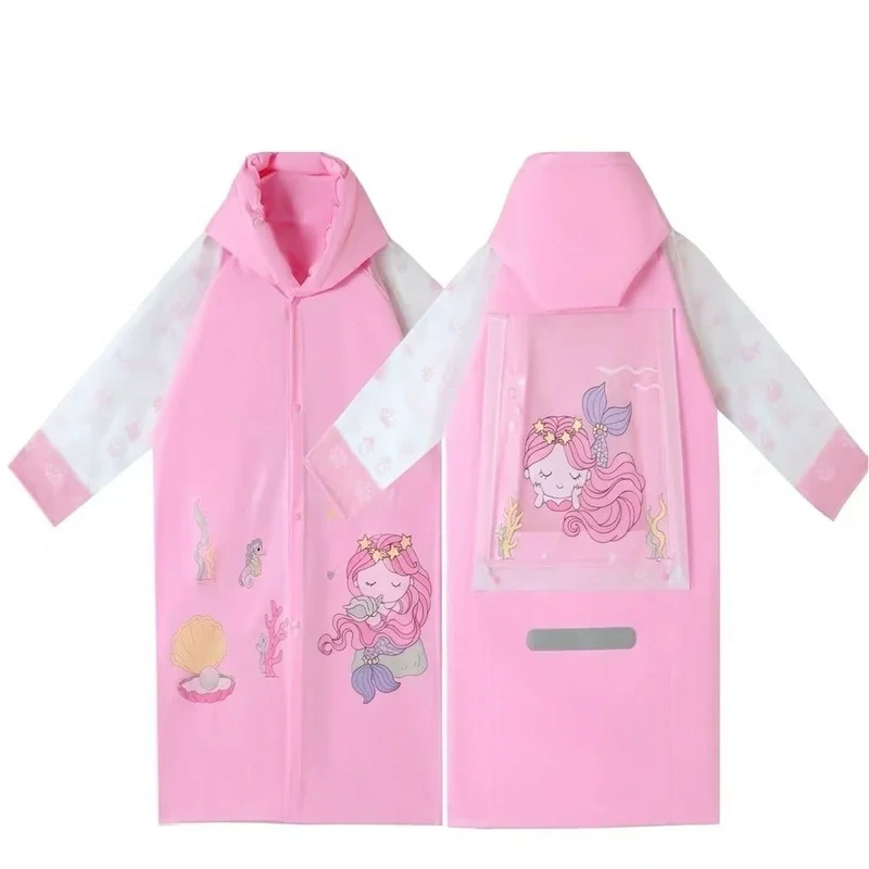 Cute Pink Mermaid Waterproof Raincoat for Girls with School Bag Cover & Reflective Strip